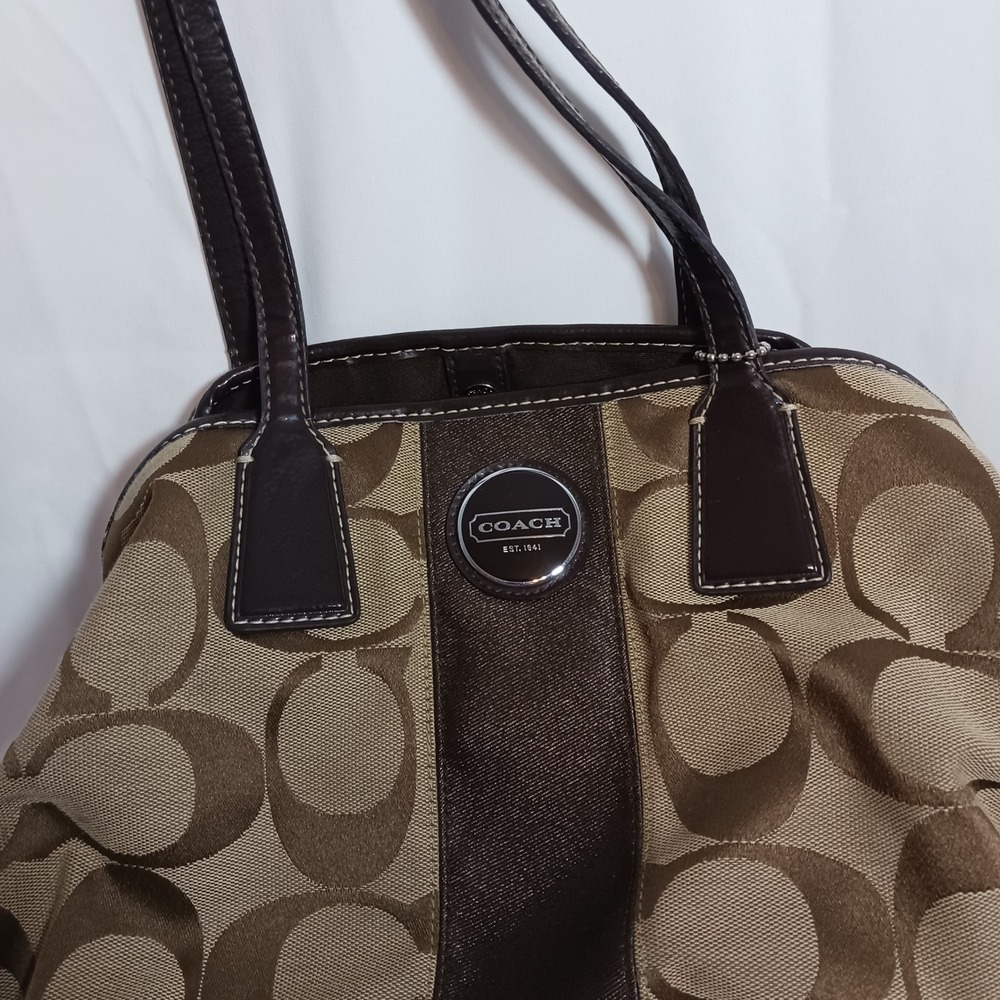 Coach Tote Bag Womens Medium Brown Excellent Signature Stripe Canvas F17424